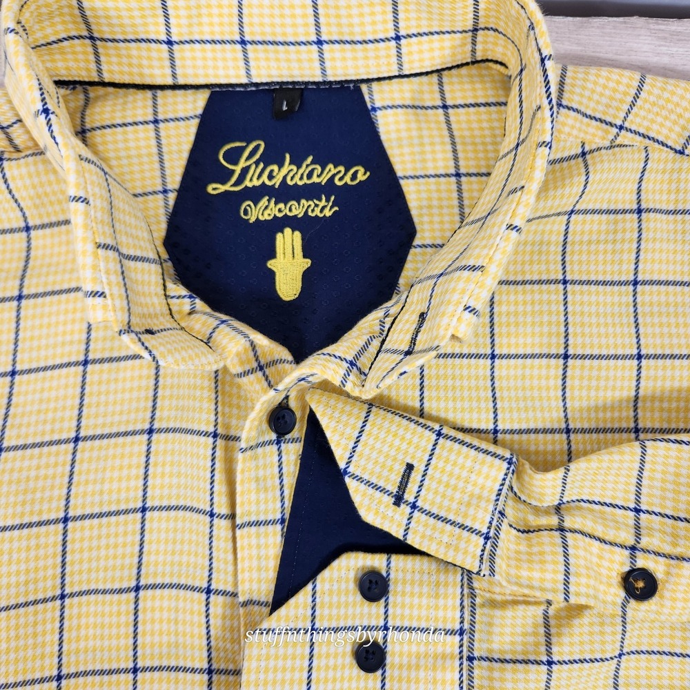 Luciano Visconti Men's Size Large Yellow  Check Long Sleeve Button Down Shirt
